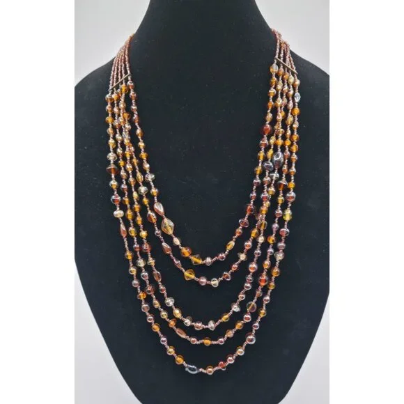 Multi Strand Amber Glass Beaded Necklace Vintage Bohemian Style Layered - Picture 1 of 5